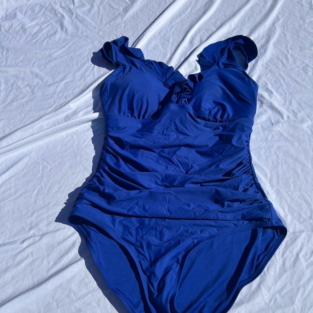 Dkny Cobalt Blue Ruffle-Shoulder One-Piece Swimsuit colorful classic